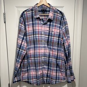 GAP Men's Casual Plaid Cotton Linen Shirt - Blue, Pink, and White